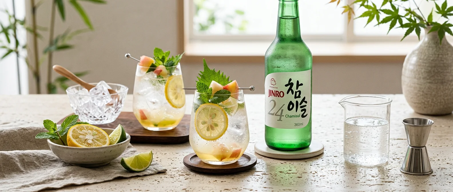 JINROを使ったカクテルと、テーブルに並ぶレモンやハーブ